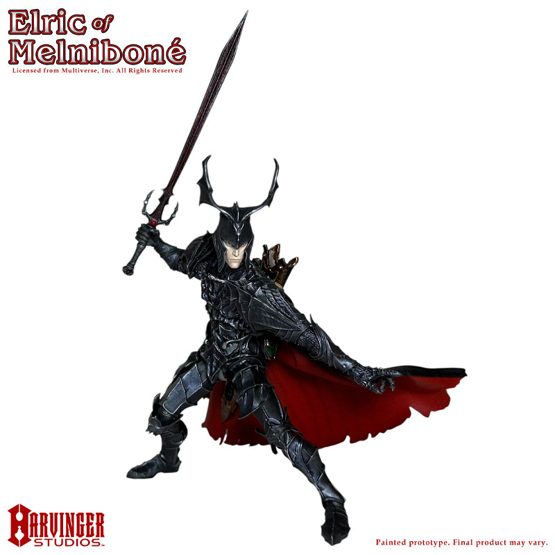 The albino king, Elric of Melnibone, in full armor lunging with sword in his right hand held and cape billowing to his left. 