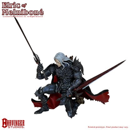 The albino king, Elric of Melnibone, kneeling on his left knee. He is gazing into one sword in his right hand and holding another sword in his left hand at his hip. 