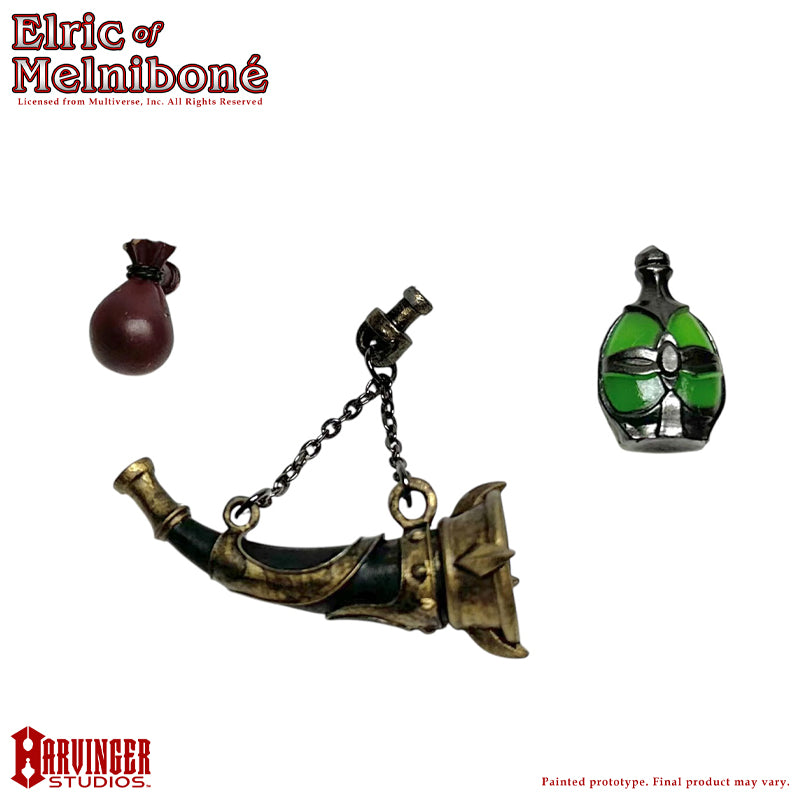 Three belt accessories displayed: bag of herbs, potion bottle, and the Horn of Fate.