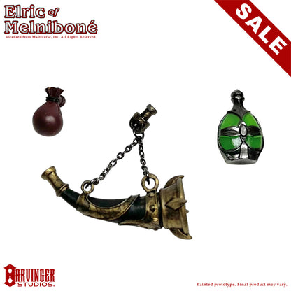 Three belt accessories displayed: bag of herbs, potion bottle, and the Horn of Fate.